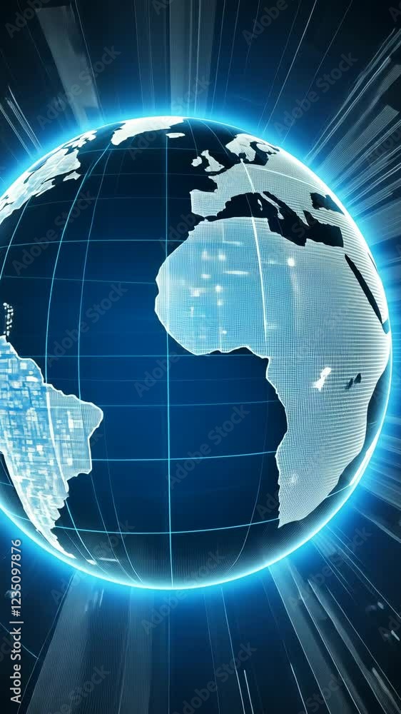 Poster glowing digital globe showcasing continents with illuminated networks in a dark backdrop