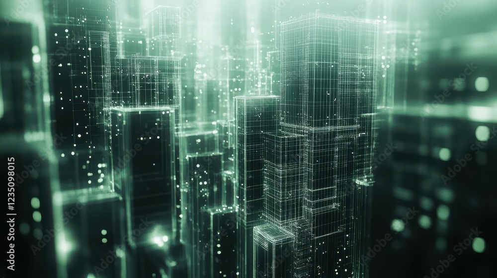 Poster a futuristic cityscape with glowing green lines and structures, resembling a digital network filled 