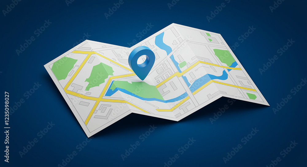Poster map with blue location pin on a paper map. folded paper map with location marker