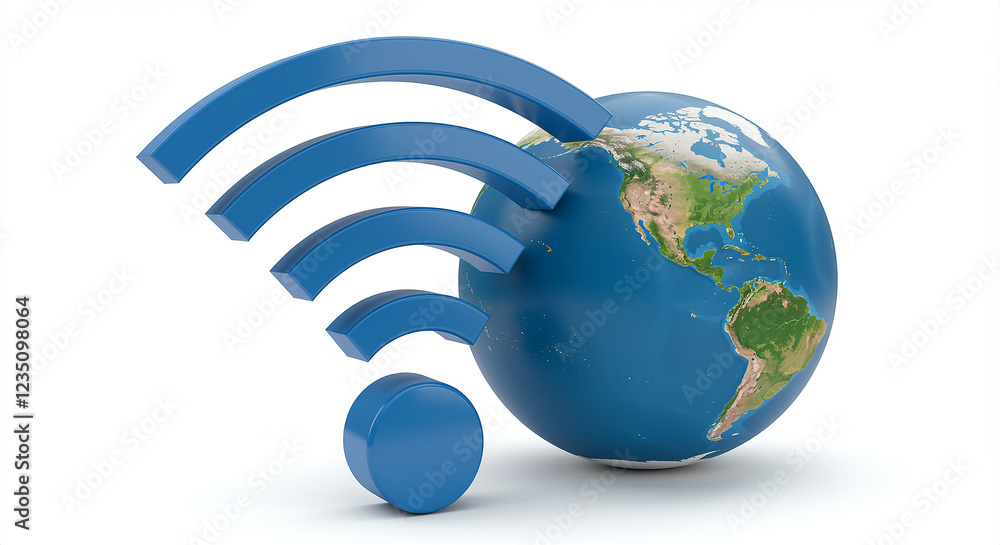 Poster globe with wi-fi symbol. blue wi-fi symbol is next to the globe. globe with continents and oceans is