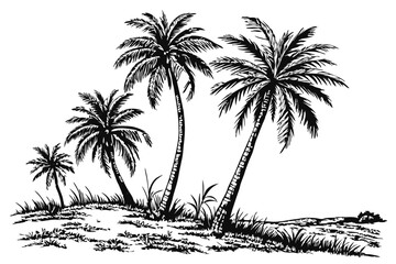 69 Botanical illustration, palm trees, black and white sketch, detailed line drawing, tropical landscape, group of coconut palms, realistic trunk textures, frond silhouettes, minimalist background, vi