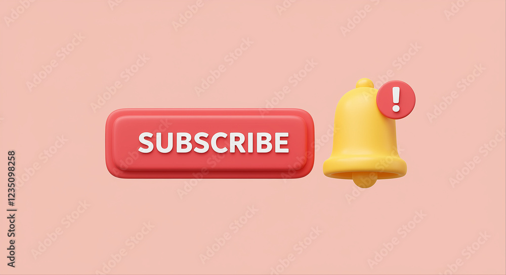 Poster subscribe button and notification bell with exclamation mark. red subscribe button and yellow notifi