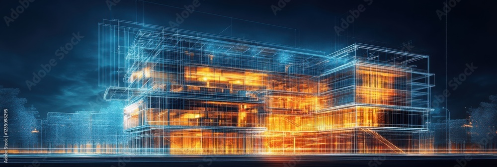 Aufkleber a futuristic architectural structure illuminated with vibrant colors, depicting a blend of technolog