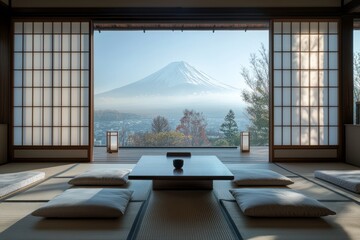 Serene mountain view from a traditional Japanese room.