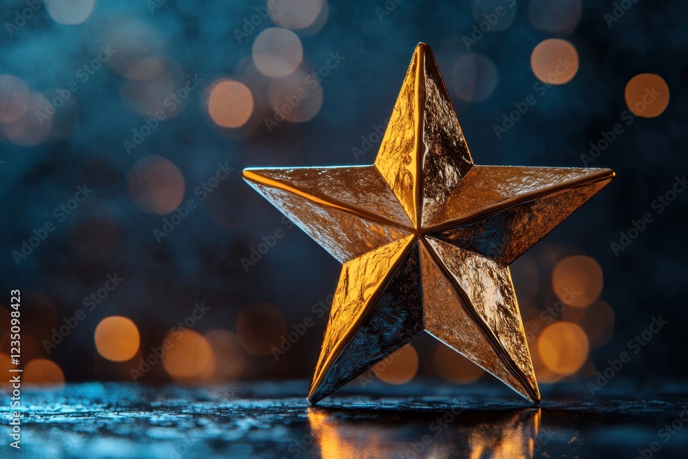 Aufkleber shimmering golden star on a reflective surface with soft blurred bokeh lights in the background