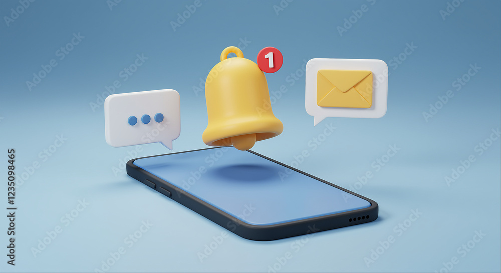 Poster smartphone with notification bell and message icons. smartphone with message and notification icons 