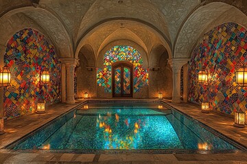 Indoor mosaic pool with stained glass accents.