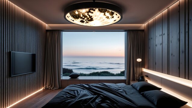 Ocean View Bedroom: A serene master bedroom boasts a stunning panoramic ocean view, visible through a large window, complemented by dark wood paneling and stylish minimalist décor. - Powered by Adobe