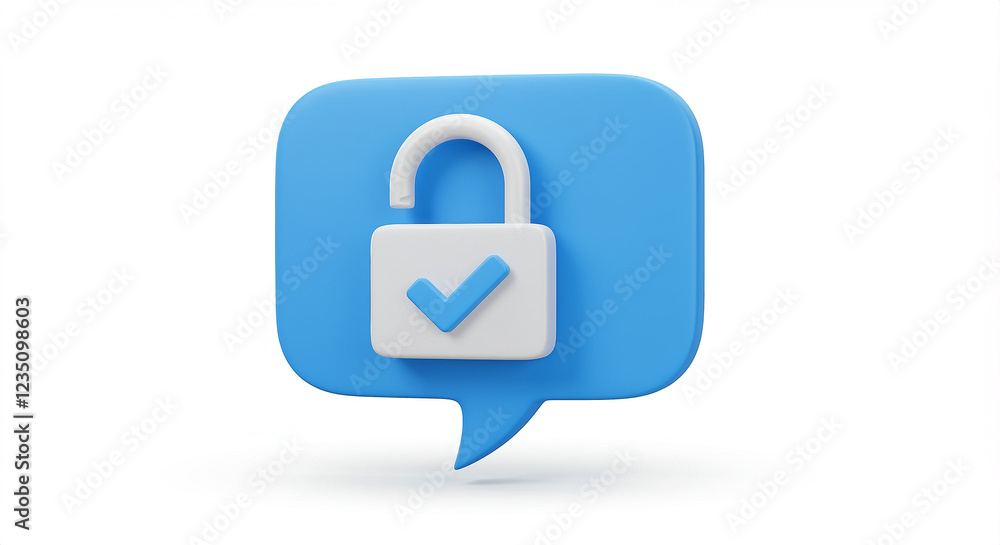 Poster unlock icon on secure message bubble. lock icon with checkmark in 3d style