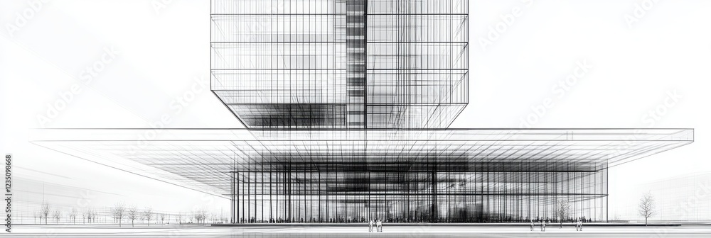 Aufkleber a modern, minimalist architectural design featuring a glass structure with layered forms, emphasizin