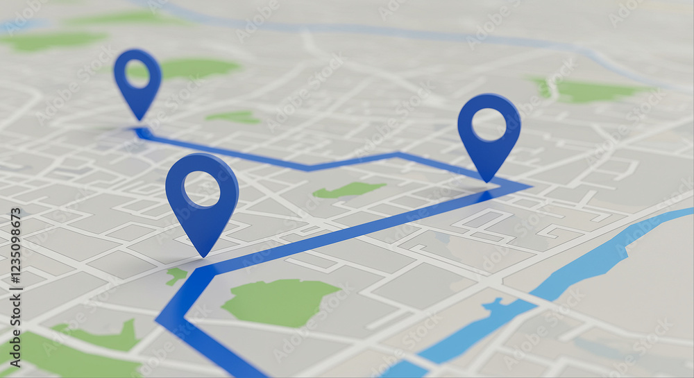 Poster Map markers on a map with navigation path. Blue map markers indicate route on a map