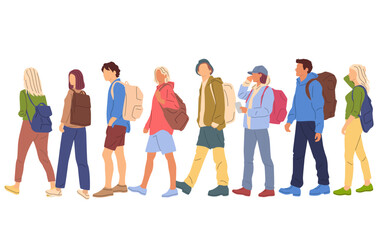Obraz premium Group men and women walking with backpacks, profile, different colors, cartoon character, silhouettes people, vacation clothes; flat icon design concept, vector, isolated on white