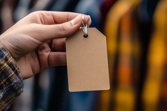 Hand holding a blank paper tag in a store against clothing rack background with copy space