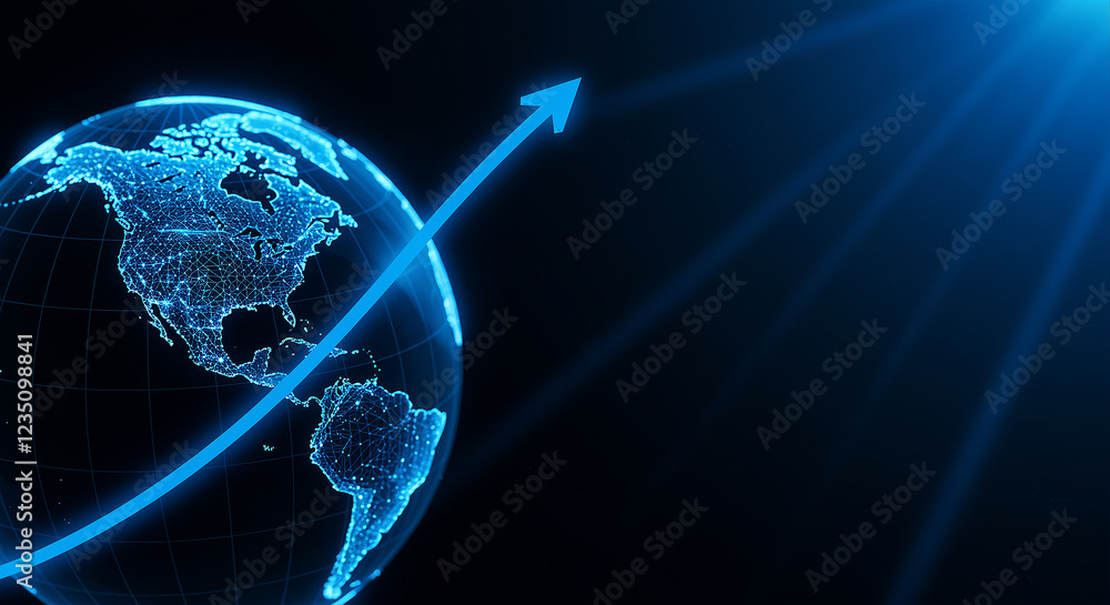 Poster digital globe with upward arrow showing growth. 3d technology globe with light rays