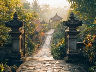 Obraz premium Stone path leading to a tranquil temple in lush gardens.