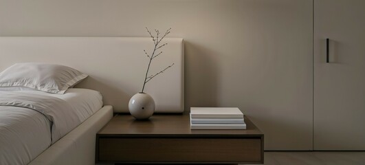Minimalist Bedroom Sanctuary: A serene and inviting bedroom featuring a plush bed with crisp white linens, a simple nightstand adorned with a vase and books, and a minimalist decor.