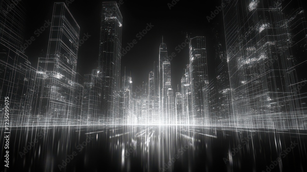Poster a futuristic cityscape with illuminated skyscrapers, depicted as a digital wireframe, creating a hig