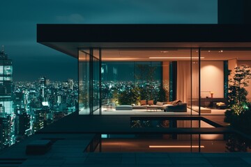 Modern penthouse overlooking a vibrant cityscape at night.