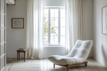 Fototapeta premium Relaxing chaise lounge in a bright, minimalist room.