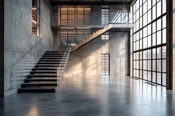Obraz premium Modern concrete loft with expansive windows and sleek staircase.