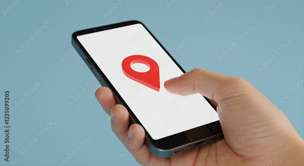 Poster smartphone with location icon on the screen held in hand. mobile phone with red location pin on the 