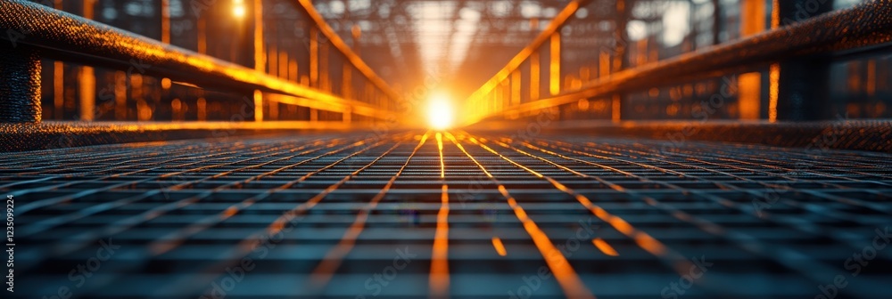 Poster a low-angle view of a metal grid pathway illuminated by warm sunlight, creating a striking contrast 