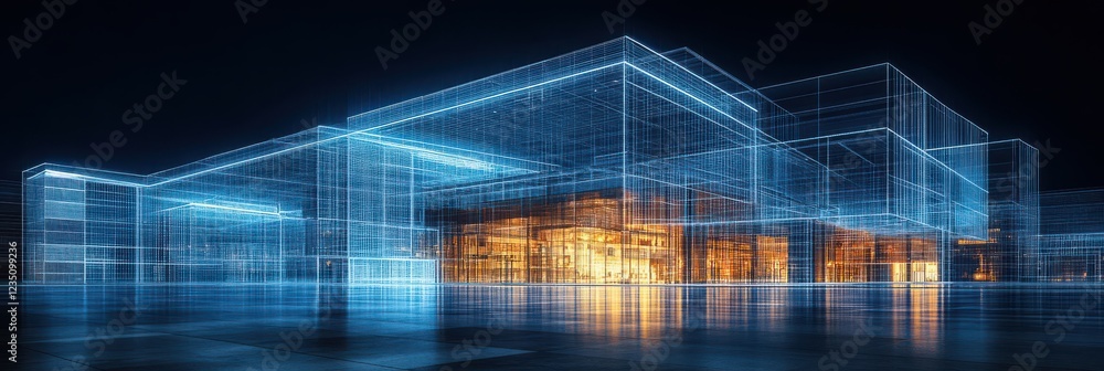 Poster a futuristic, illuminated architectural structure presented in a digital wireframe style against a d