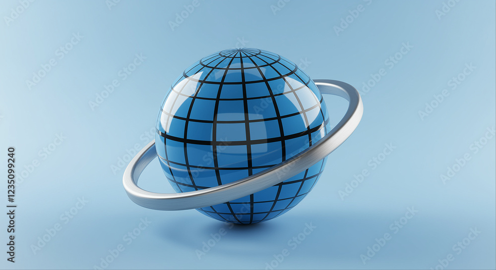 Poster blue digital globe with silver ring. technology icon of a globe with grid. 3d rendering of a globe