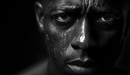 Black and white portrait of African American man with tears, dramatic lighting capturing sadness