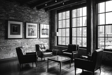 A black and white photo of a sophisticated lounge with large windows.