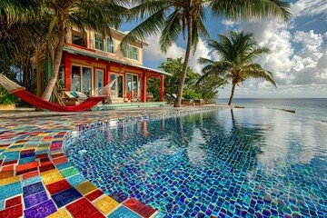 Obraz premium Tropical getaway: oceanfront villa with colorful pool