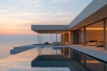 Modern coastal home with infinity pool at sunset.