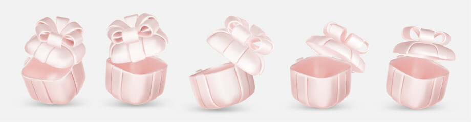 3d gift boxes set with ribbon bow isolated on a white background. 3d render flying modern holiday closed surprise box.