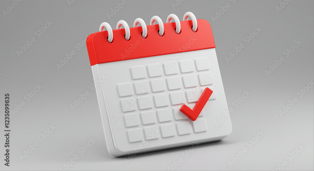 Poster red and white calendar with a red check mark on it. the calendar is a 3d render with a white backgro