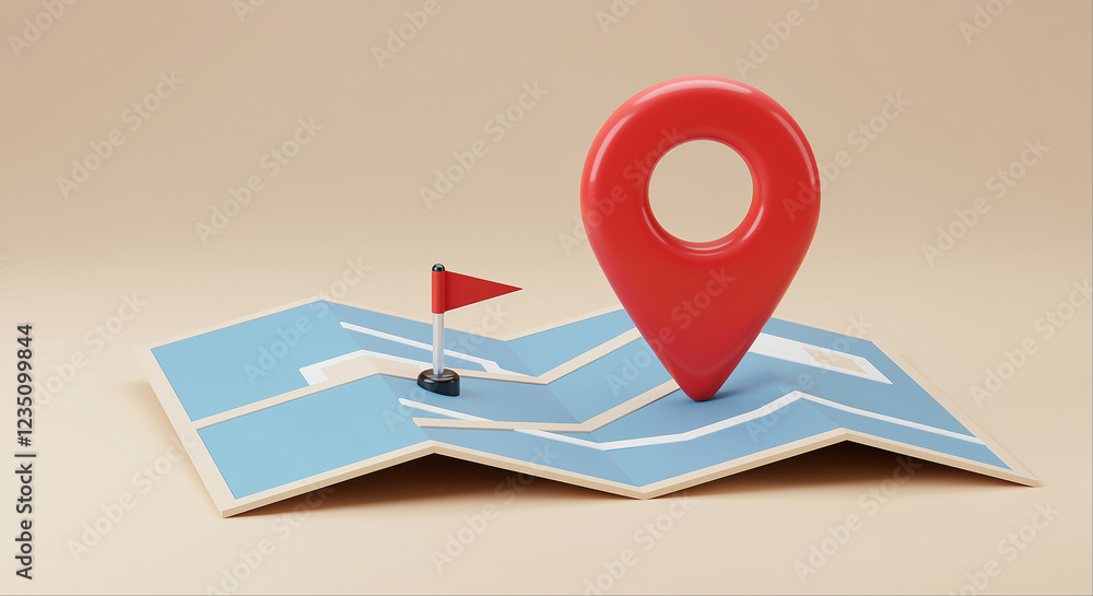 Poster map with location pin and red flag on it. location pin and red flag on map