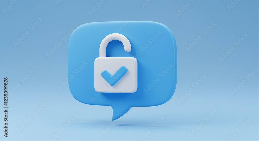 Poster Lock icon in a blue speech bubble with checkmark. Secure messaging system with lock icon. Communication system with lock