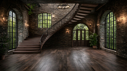 Fototapeta premium Grand stone staircase in a rustic mansion interior