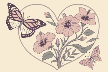 Vintage botanical heart illustration, intricate butterfly wings, colorful flowers, delicate petals, lush foliage, romantic floral arrangement, heart-shaped composition, soft pastel colors, detailed na