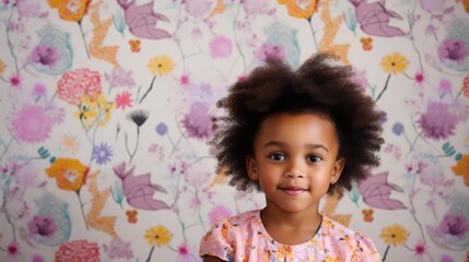 A little girl with an afro hairstyle smiles softly against a vibrant floral wallpaper, exuding innocence and a sense of warmth in her colorful room.