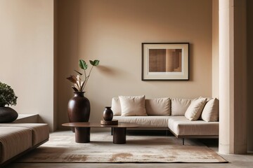 Serene Minimalist Living Room: A modern living room design features a neutral color palette, showcasing a sleek sectional sofa, a low coffee table, and carefully placed home decor items.