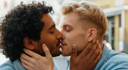 Interracial male couple sharing tender kiss in urban setting for lgbt inclusivity concept