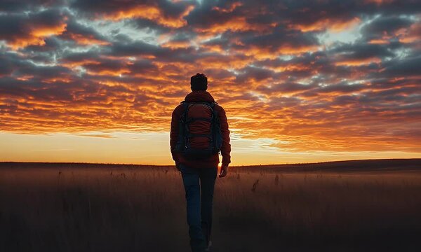A person stands in a field, gazing at a vibrant sunset with dramatic clouds.