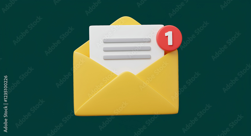 Poster email envelope with notification shows one new email. open email with a message inside. 3d render of