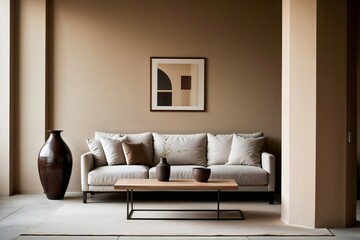 Minimalist Living Room Design: A cozy and elegant living room interior with a light-colored sofa, minimalist coffee table, and a large vase.