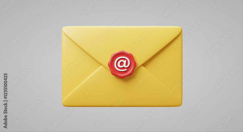 Poster email envelope with red seal and at symbol showcasing digital communication concept