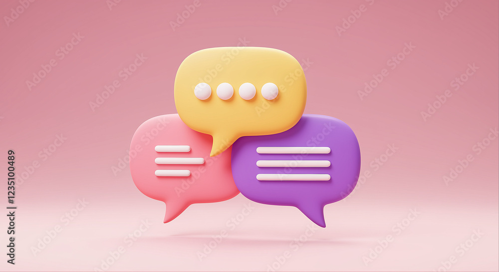 Poster three speech bubbles in pink yellow and purple colors. speech bubbles with different text symbols. 3