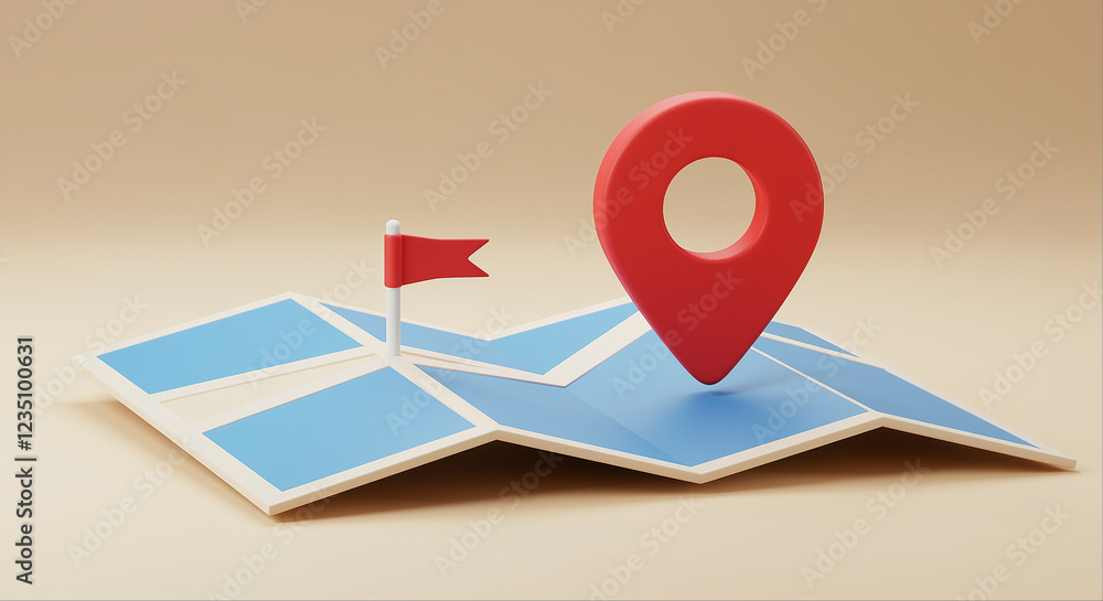 Poster map with location marker and flag on a beige background