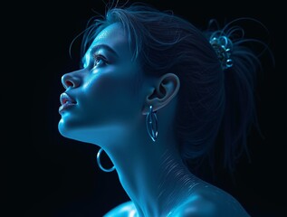  a profile view of a figure illuminated by a striking blue light against a dark background. 
