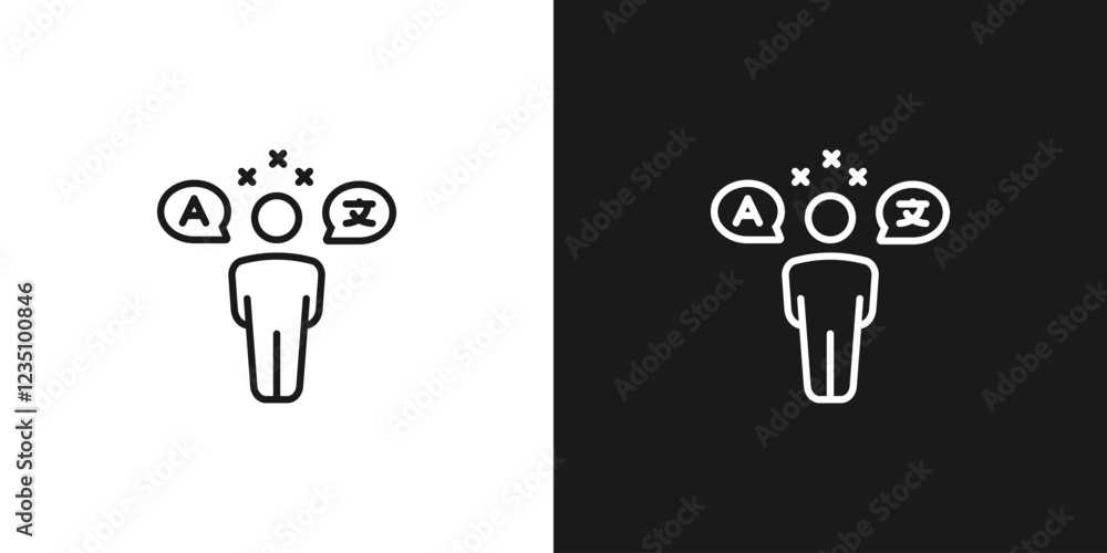 Poster interpreter line icon. character in headset with globe. translation concept.