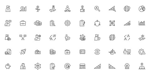 Business and Finance icon set. Money, bank, contact, infographic. Career, networking, launching projects and investing. Vector